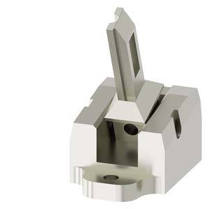 Ein 3D-Modell eines mechanischen Bauteils, vermutlich ein Spannhalter, aus grauem Material mit einem rechteckigen vertikalen Hebel.