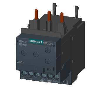 Ein Siemens Sirius Schütz, Modell 3RQ21, abgebildet in einer technischen Zeichnung. Sichtbar sind Anschlüsse und LED-Anzeigen für Betriebszustand.