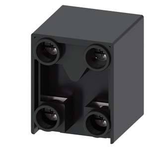 Dunkles, würfelförmiges Kunststoffbauteil mit vier runden Öffnungen, symmetrisch angeordnet, vermutlich für elektrische Verbindungen.