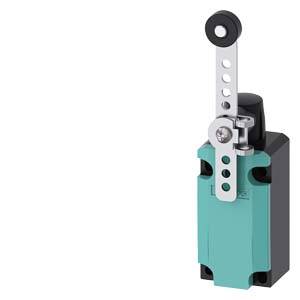 Ein Hebel-Positionsschalter mit einem grünen Gehäuse und einem langen Hebelarm, der für industrielle Anwendungen verwendet wird.