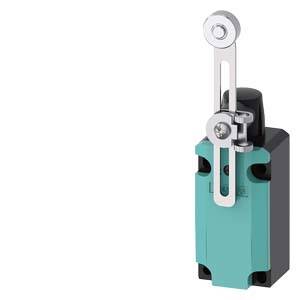 Ein blauer Endschalter mit einem Hebelarm. Der Hebel ist mit einer Rolle ausgestattet und dient zur Positionsbestimmung in Maschinen.