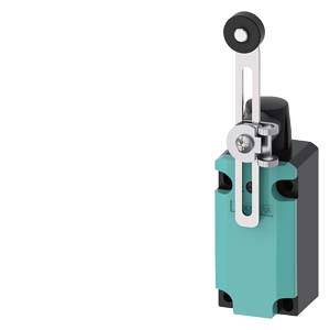 Ein mechanischer Endschalter mit Drehhebel und Rollenrad, in einem grünen Gehäuse, zur Positionsüberwachung in industriellen Anwendungen.