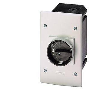 Ein rechteckiger elektrischer Schalter in einer Wandplatte integriert, mit einem Drehknopf in der Mitte, umgeben von Schrauben.