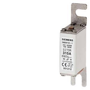 Elektrische Sicherung mit Aufschrift 'SIEMENS 3NE8731-1', Norm IEC 60269, 315 A, 690 V.