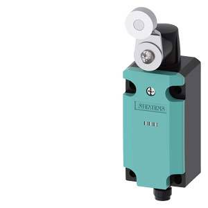 Ein positionsverstellbarer Schalter mit Hebel, grünes Gehäuse und einer Rolle oben. Verwendet in Maschinen zur Positionsüberwachung.