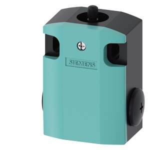 Schwarzer und türkisfarbener Siemens-Anschlagbegrenzer mit zylindrischer Form und einem Drehmechanismus auf der Oberseite.