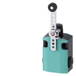 Ein Schalter mit einem Hebelarm aus Metall, montiert auf einem blauen Gehäuse. Der Hebel hat mehrere Löcher zur Anpassung.