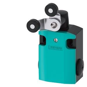 Ein Positionsschalter mit zwei Rollen in blauem Gehäuse, verwendet für industrielle Automatisierungsanwendungen.