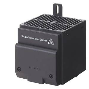 Schwarzes Gehäuse mit Warnhinweis 'Hot Surfaces – Avoid Contact'. Lüftungsschlitze oben und Haken zur Befestigung.