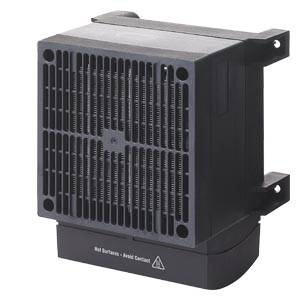 Ein schwarz-grauer elektrischer Heizlüfter mit Lüftungsgitter, rechteckiger Form und einem Warnhinweis 'Hot Surface - Avoid Contact' auf der Unterseite.