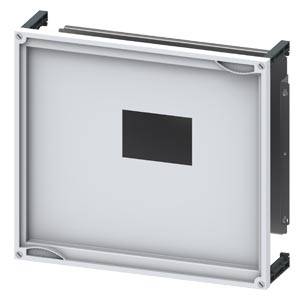 Ein rechteckiges, flaches CAD-Modell eines elektronischen Geräts mit einem Bildschirm in der Mitte, umgeben von einem weißen Rahmen.