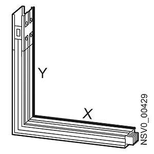 Technische Zeichnung eines Rahmenelements mit Beschriftungen 'X' und 'Y'. Zeigt Eckverbindung und Detailansicht der Profile.