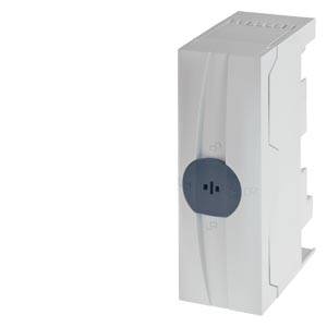 Ein elektrisches Gerät, möglicherweise ein Modul für einen Schaltschrank, zeigt eine graue Front und seitliche Befestigungselemente.