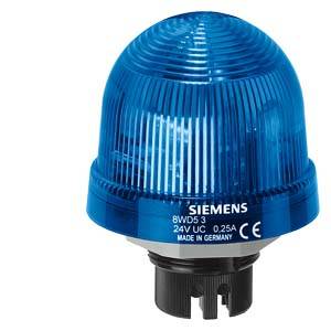 Ein blaues, rundes Warnlicht von Siemens, Modell 8WD5. Es ist für eine Spannung von 24V konzipiert und trägt das CE-Zeichen.