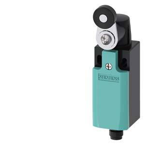 Ein türkis-schwarzer mechanischer Grenztaster mit Hebel von Siemens, gerade Position.