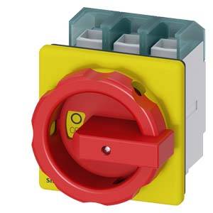 Ein roter Drehschalter mit gelber Basis; geeignet zum Ein- oder Ausschalten von elektrischen Geräten.