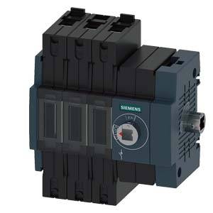 Ein schwarzer elektrischer Leistungsschalter von Siemens mit drei Schaltpositionen und rechtsseitigem Drehknopf.