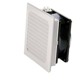 Luftauslassgitter eines Lüfters mit weißer Abdeckung und integriertem Ventilator, zum Einbau in eine Wand oder Gerätegehäuse.