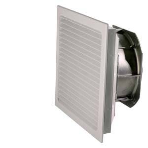 Ein viereckiger Lüftungsventilator mit grauem Gitter, seitlich fotografiert.