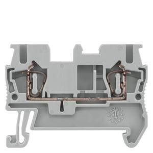 Abbildung einer elektrischen Klemmenleiste mit grauem Gehäuse, Metallkontakten und Schraubverbindungen zur Befestigung von Drähten.