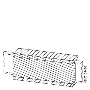 Technische Zeichnung eines rechteckigen Bauteils mit diagonalen Schraffuren, möglicherweise ein Metallblock, auf weißem Hintergrund.