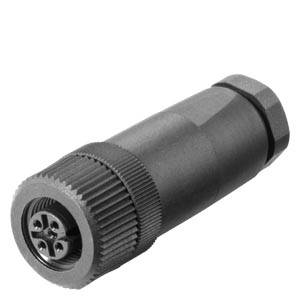 Schwarzer, zylindrischer Adapter mit geriffeltem Drehverschluss, mehreren Pins und Kunststoffgehäuse, dient der Verbindung von Elektrokabeln.