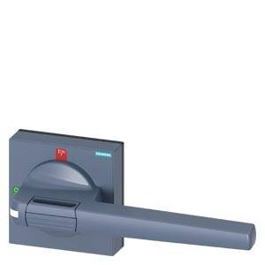 Elektronischer Türgriff in Blau mit rotem Knopf und Siemens-Logo, montiert auf quadratischer Platte. Hauptsächlich im Büro- oder Unternehmensumfeld verwendet.