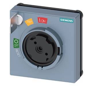 Ein quadratischer Siemens-Schalter mit einem zentralen Drehknopf. Die Positionen sind mit 'ON', 'OFF', 'TRIP' und 'RESET' markiert.