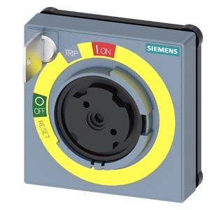 Ein quadratischer Siemens-Drehschalter mit gelb-rotem Schaltbereich. Links sind die Einstellungen 'OFF', 'RESET', 'TRIP' und 'ON' sichtbar.