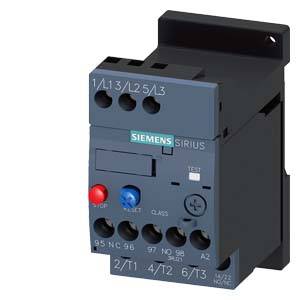Ein grauer elektrischer Schalter von Siemens, Modell Sirius. Er hat Anschlüsse oben und unten, rote und blaue Knöpfe zur Steuerung.
