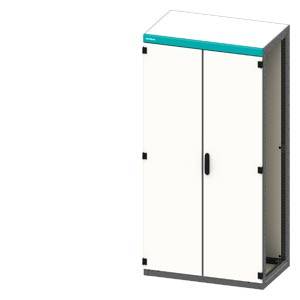 Ein weißer Metallschrank mit zwei Türen und einem türkisfarbenen Streifen oben, freistehend vor weißem Hintergrund.