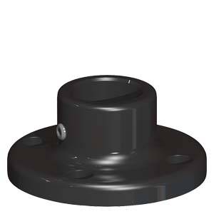 Ein schwarzes Montageteil in zylindrischer Form mit Flanschbasis und vier Schraubenlöchern, häufig zur Befestigung verwendet.
