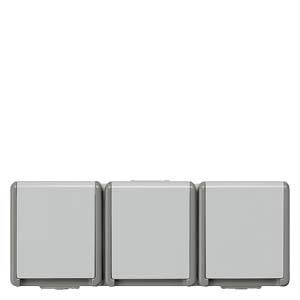 Drei graue Schalter in einer Reihe auf weißem Hintergrund.