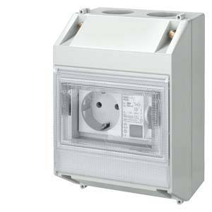 Steckdose in einem robusten, wetterfesten Gehäuse für den Außenbereich geeignet, mit transparentem Schutzdeckel.