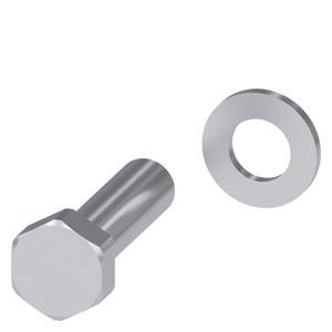 Schraube und Unterlegscheibe aus Metall, nebeneinander angeordnet.