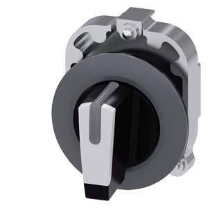 Ein silberner und schwarzer Drehschalter mit einer geriffelten Kante, abgebildet in einem technischen Stil, wahrscheinlich für industrielle Anwendungen.