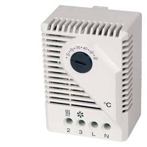 Ein weißer elektrischer Temperaturregler mit einem schwarzen Drehknopf und Skala. Zeigt Temperaturen von 0 bis 60 Grad Celsius an.
