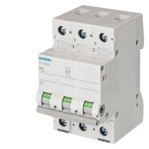 Ein dreipoliger Leitungsschutzschalter von Siemens, Modell 5SL6103-7, mit grün markierten Schaltern, für den Überlastschutz in elektrischen Stromkreisen.