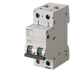 Ein grauer, zweipoliger Sicherungsautomat von Siemens mit Kipphebeln, geeignet für elektrische Schutzschaltungen in Gebäudeinstallationen.