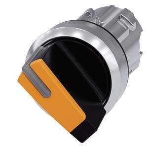 Ein runder, silberner Drehschalter mit einem orangefarbenen Griff in der Mitte. Der Schalter ist in neutraler Position.