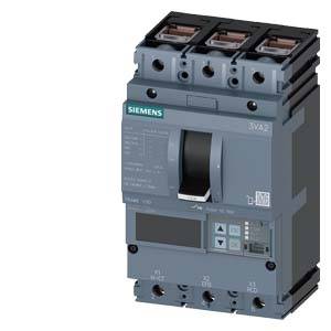 Ein grauer Siemens-Leistungsschalter, Modell 3VA2, mit Bedienknopf und Anschlüssen oben. Verwendet zur Stromkreissteuerung.