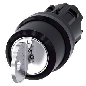 Schlosszylinder mit eingestecktem Schlüssel, bereit zum Drehen; schwarzes Gehäuse. Hauptfunktion: Verriegelung eines Mechanismus.