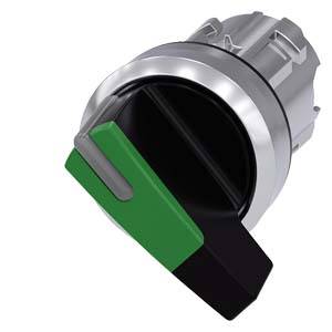 Ein Schalter mit grünem Griff in einer Silberhalterung. Der Schalter ist in einer Position, die eine Aktivierung oder Deaktivierung anzeigen könnte.