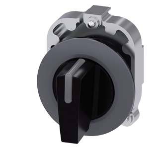 Ein schwarzer Drehschalter mit grauem Rand, montiert auf einer Metalloberfläche, zeigt nach oben.