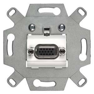 Ein eingebauter VGA-Anschluss in einer Metallhalterung, typisch für die Wandmontage in einem Büro oder Technikraum, um Monitore anzuschließen.