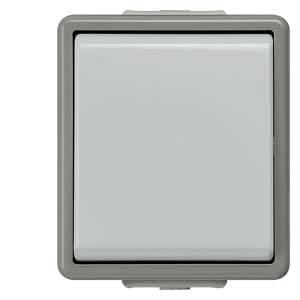 Ein quadratischer Lichtschalter mit grauem Rahmen und weißer Fläche, geeignet für Innenrauminstallation.