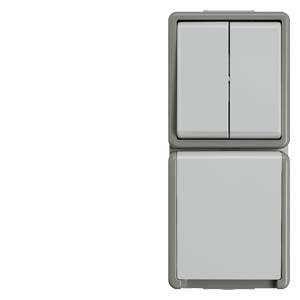 Ein grauer, rechteckiger Außenlichtschalter mit zwei Kippschaltern oben und einem größeren drückbaren Knopf unten.