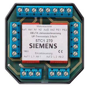 Ein Siemens UP-Trennrelais zur Jalousiesteuerung, Modell 5TC1 270, mit mehreren Anschlussklemmen und Beschriftung für Motoranschlüsse.