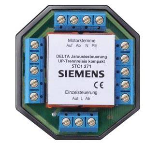 Rundes elektrisches Steuergerät der Marke SIEMENS mit blauer Verkabelung und Montageschlitz. Bezeichnung: DELTA Jalousiesteuerung.