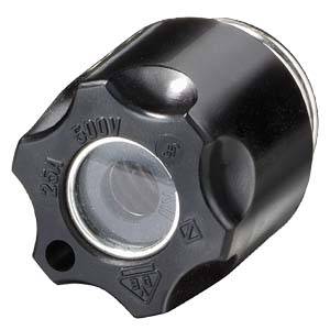 Schwarzes, zylindrisches Bauteil mit silbernem Druckknopf und Gravuren '251' und '500V', verwendet in elektrischen Schaltungen.